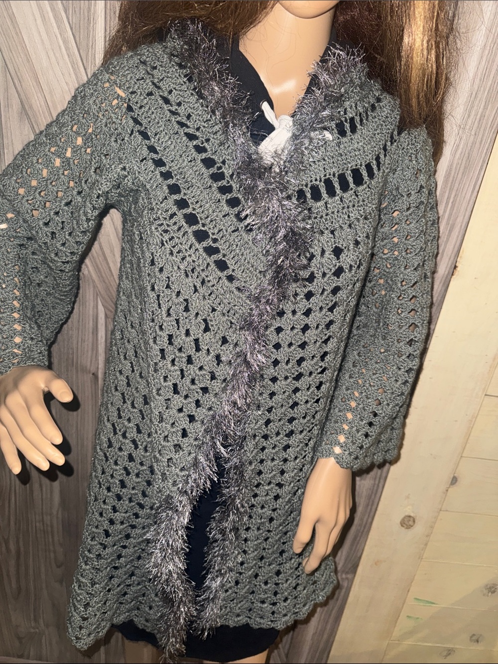 Gray Crochet Open-Front Women’s Sweater Cardigan